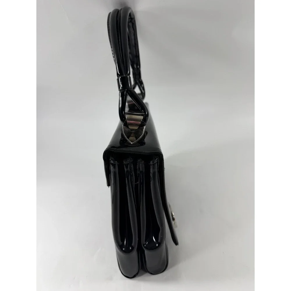 Crown Lewis Black Patent Leather Top Handle Bag Silver Hardware Dark Academia